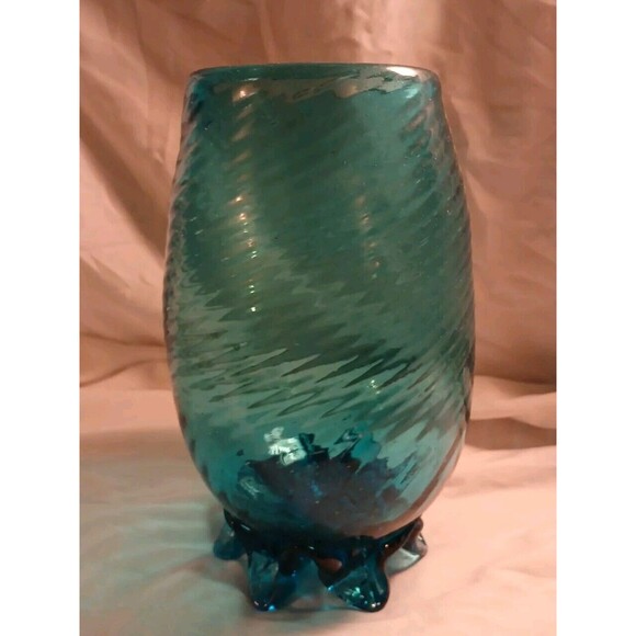 Teal Blue Hand Blown Art Glass Vase, Vintage, Swirled, Footed, Mexico, 8.5x5" - Picture 1 of 5